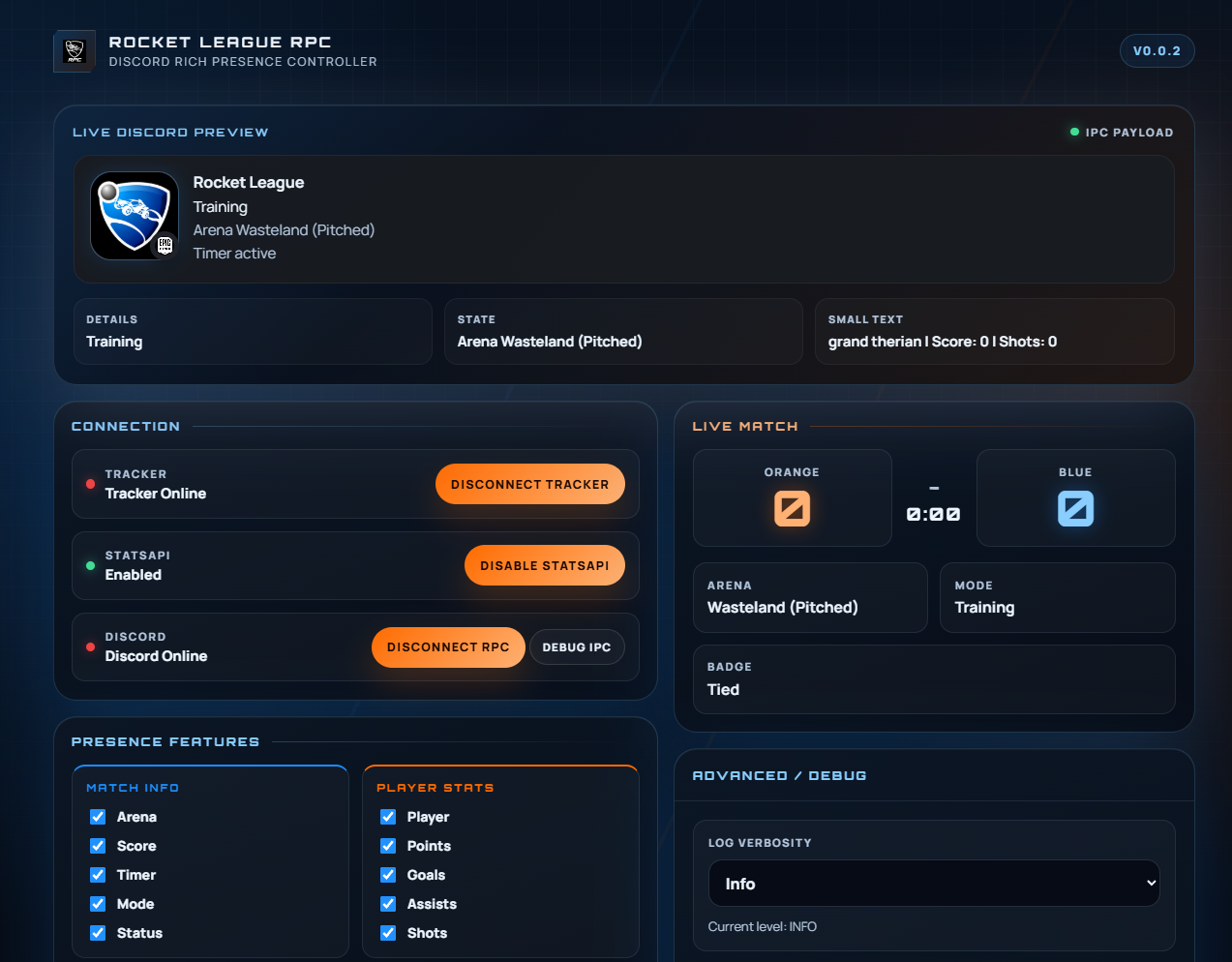Main home screen of the Rocket League RPC app